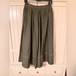 J. Crew Contrast Stitch Olive Green Midi Skirt in Cotton Poplin size 6